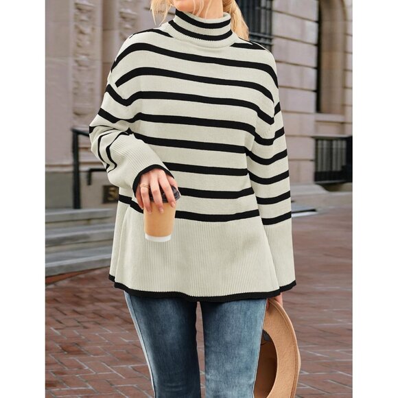 Women's Winter Turtleneck Sweater Casual Stripe Long Sleeve Pull Over Top - Picture 8 of 8